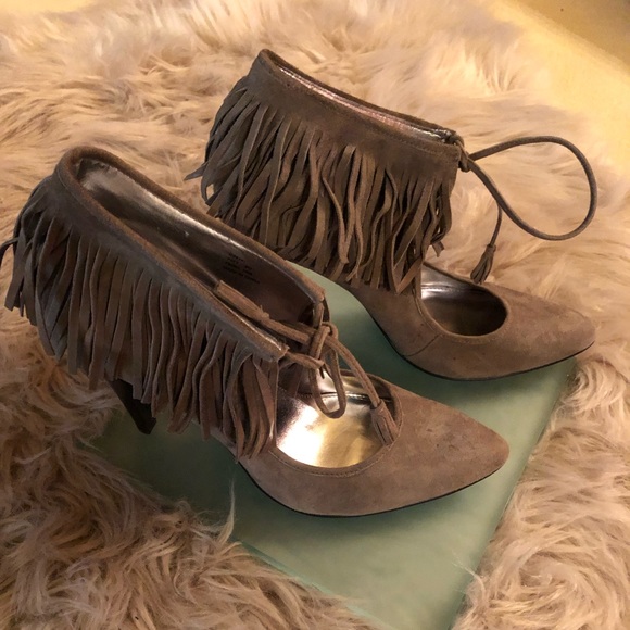 Calvin Klein Shoes - Calvin Klein taupe, fringed suede pumps.